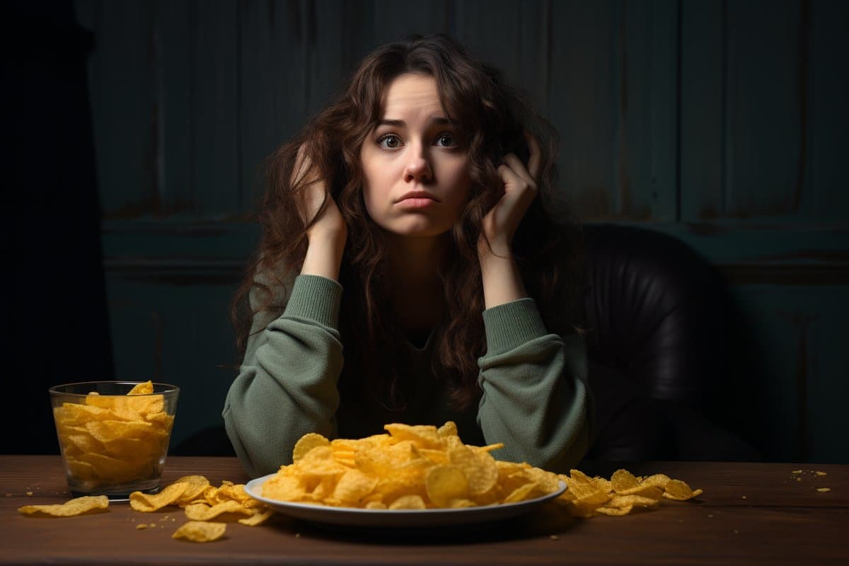 This shows a stressed looking woman eating chips.