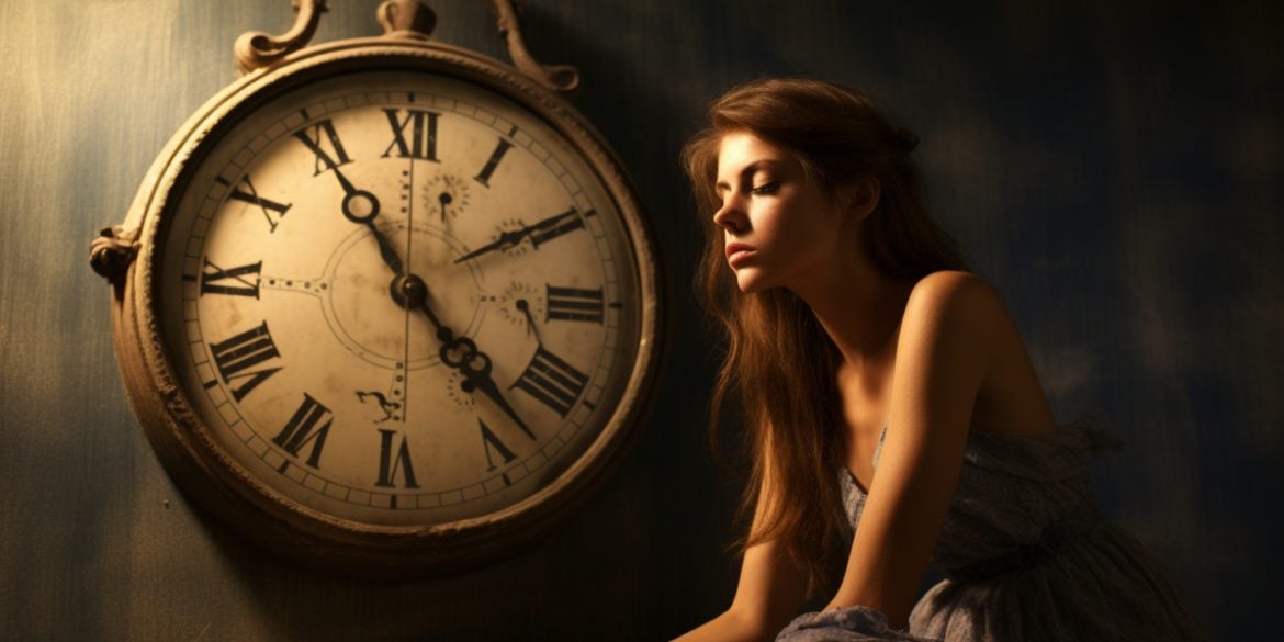 This shows a woman and a clock.