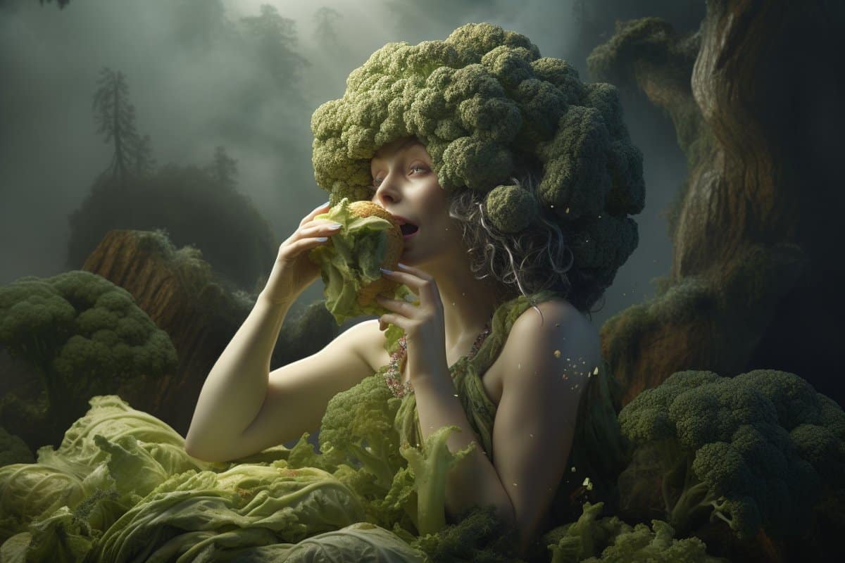 This shows a woman eating broccoli.