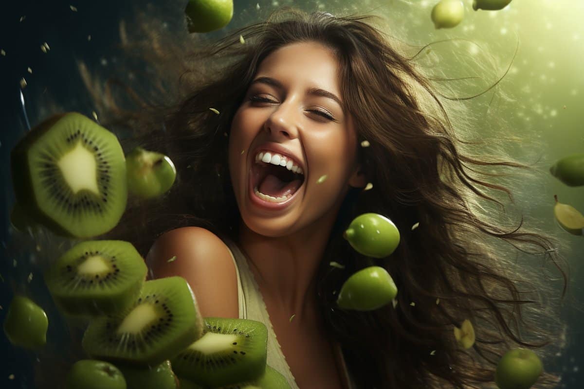 This shows a woman and kiwi fruit.