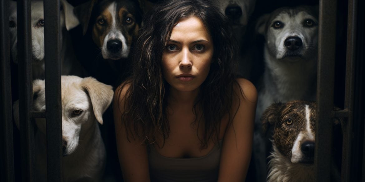 This shows a woman and dogs.
