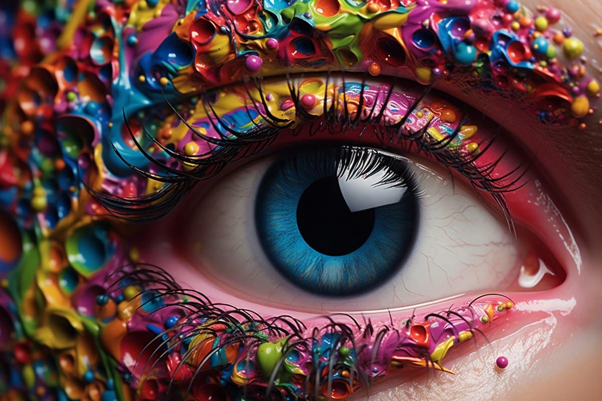 This shows an eye and bright colors.