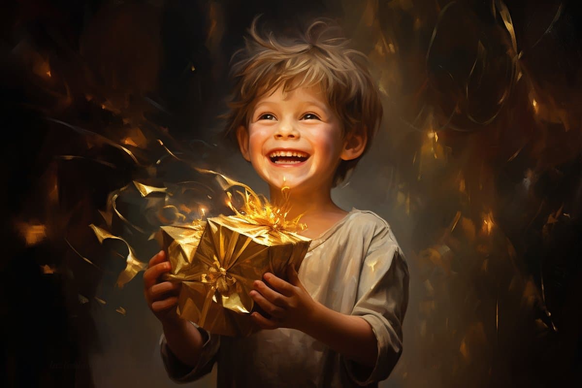 This shows a happy child opening a gift.