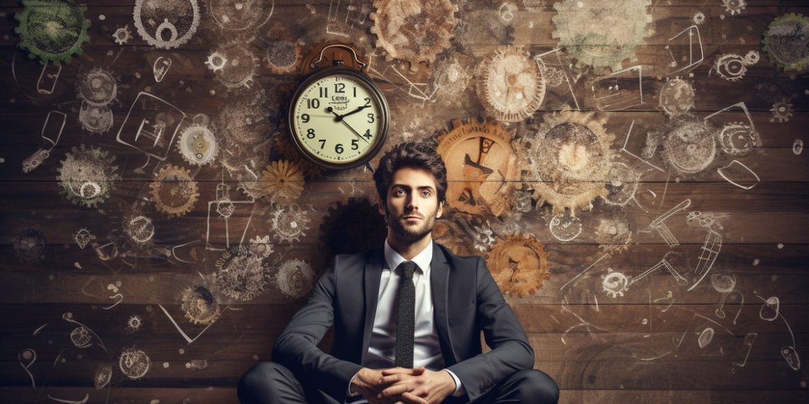 This shows a man surrounded by clocks.