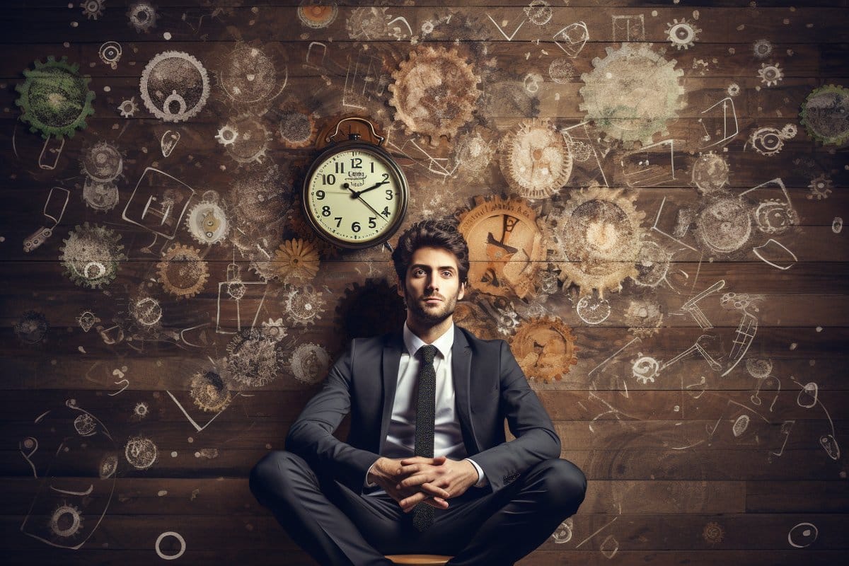 This shows a man surrounded by clocks.