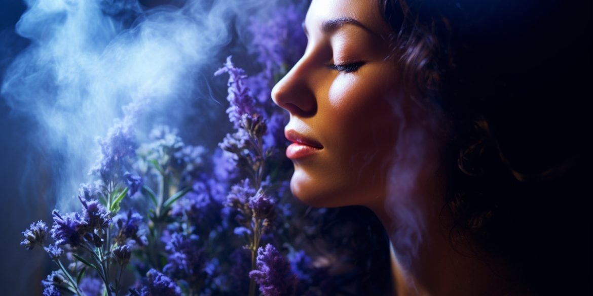 This shows a woman sniffing lavender.