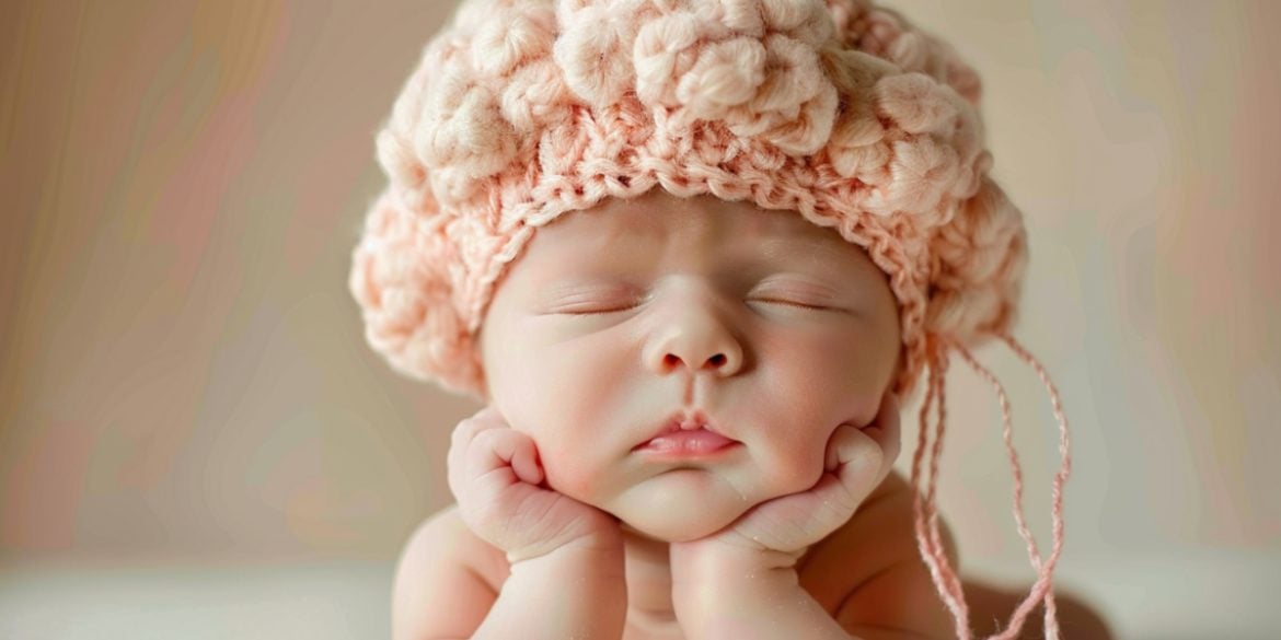 This shows a baby in a knitted brain hat.