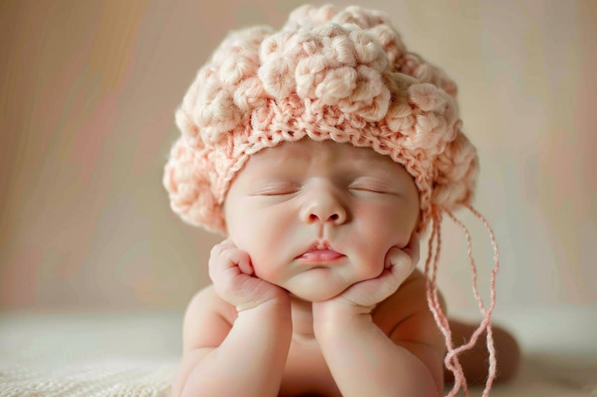 This shows a baby in a knitted brain hat.