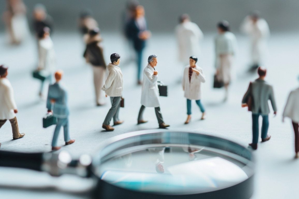 This shows models of researchers and a magnifying glass.