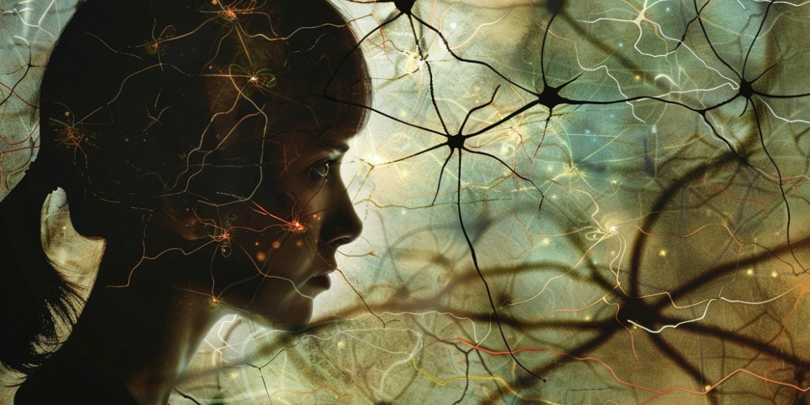 This shows a woman surrounded by neurons.