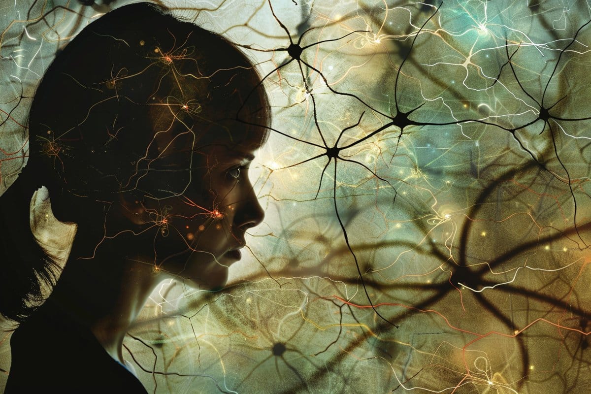 This shows a woman surrounded by neurons.