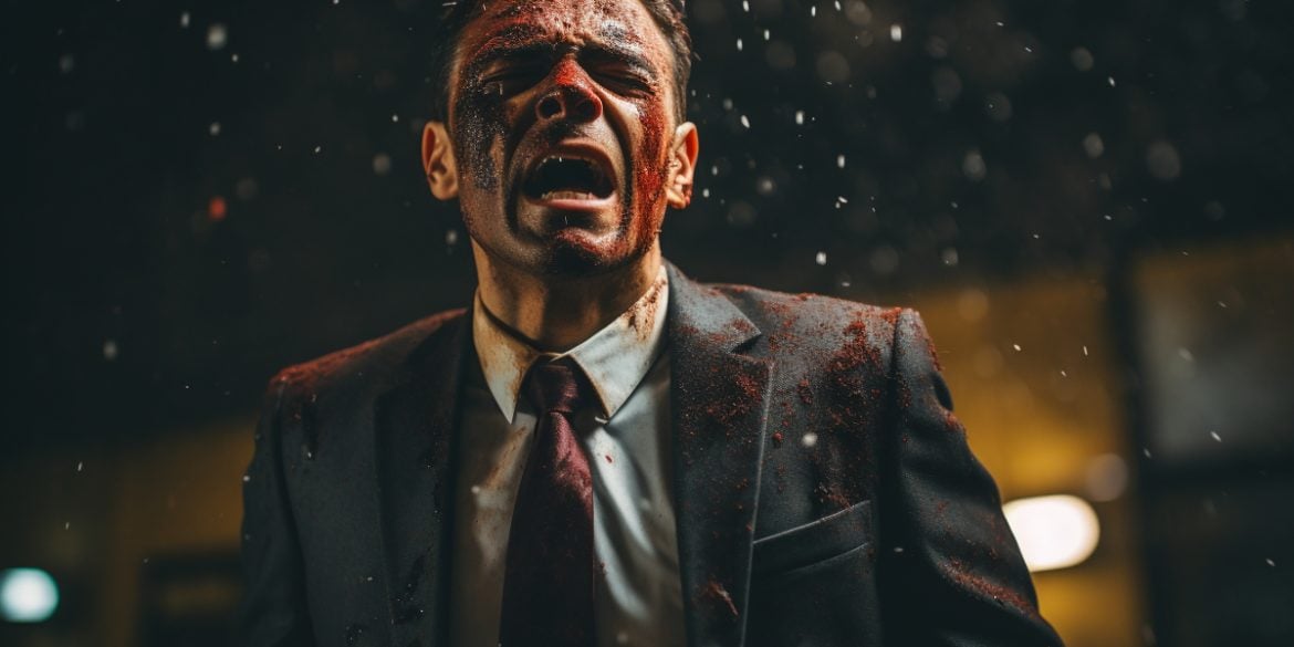This shows a man in a suit covered in red dust.