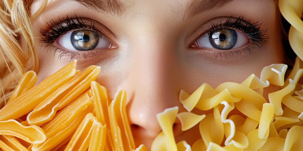 This shows a woman and pasta.