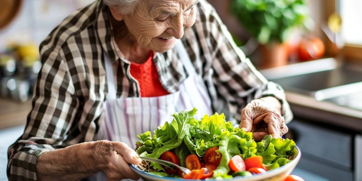 This shows an older lady making a salad.