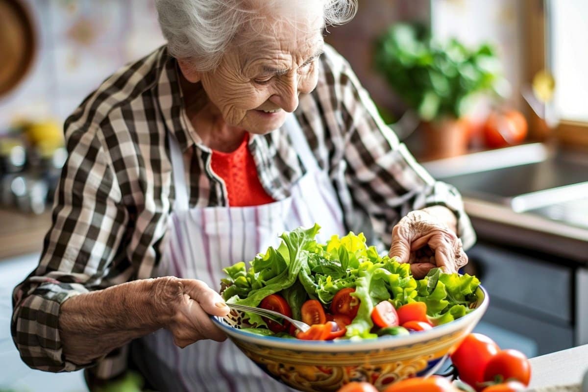 This shows an older lady making a salad.