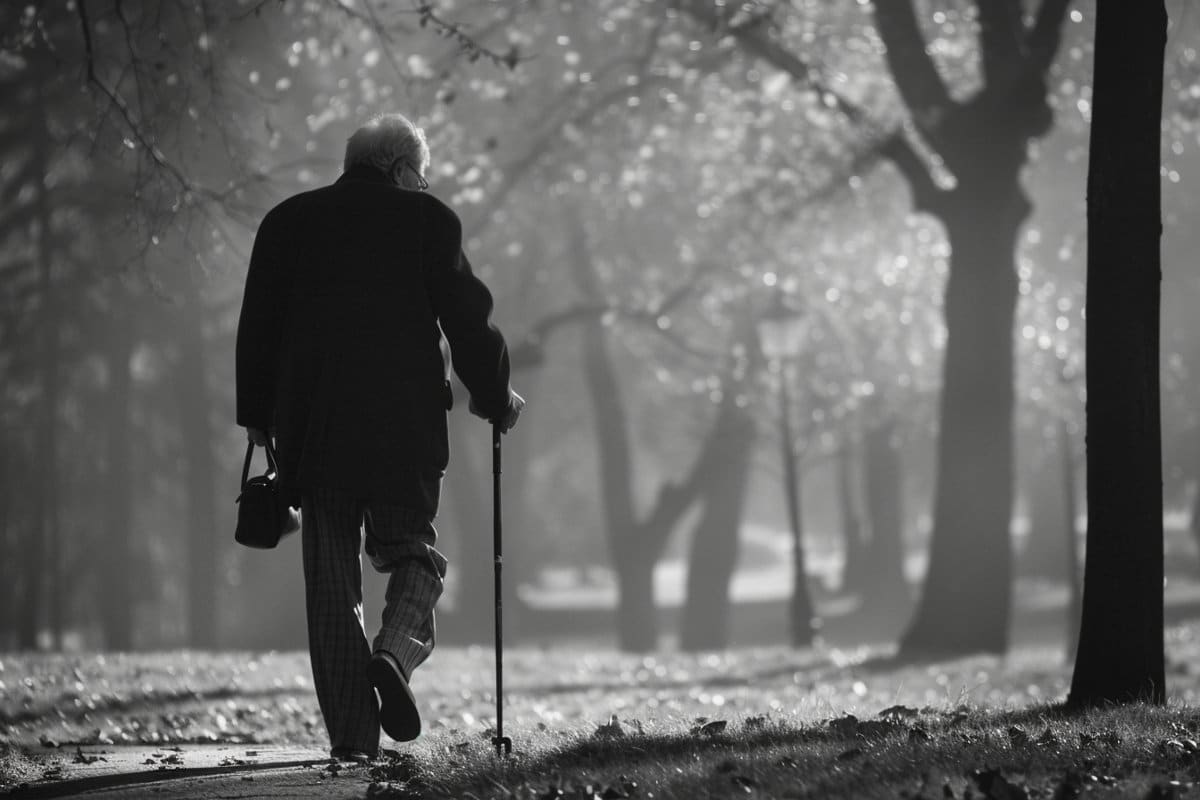 This shows an older man walking.
