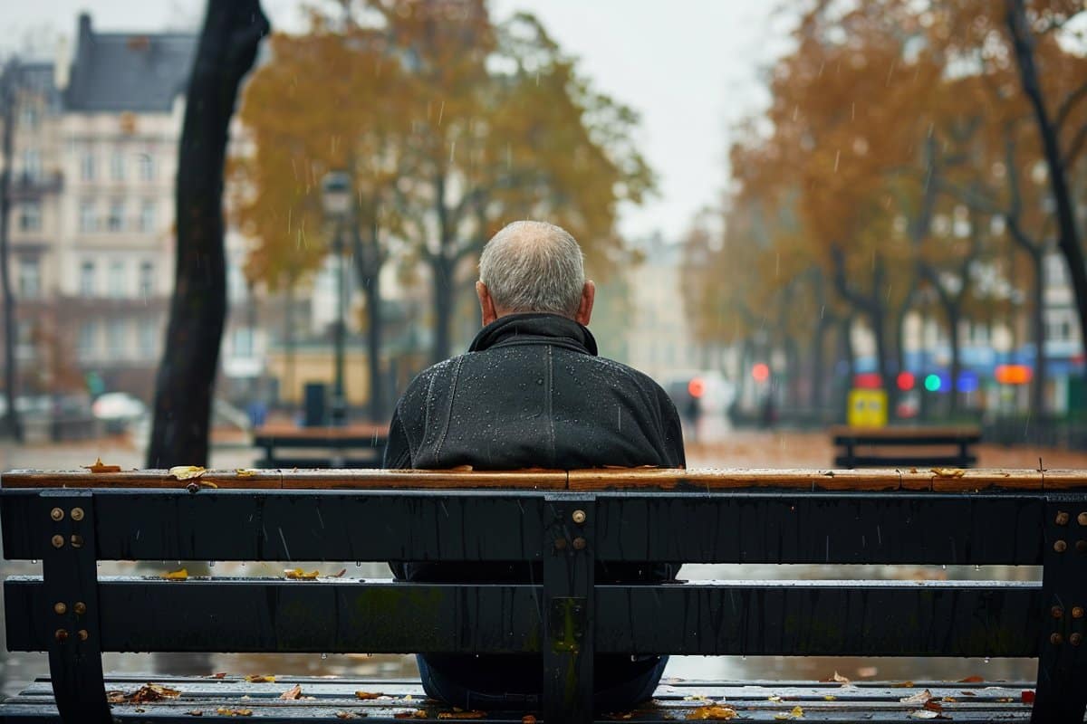 This shows a man sitting alone on a bench.