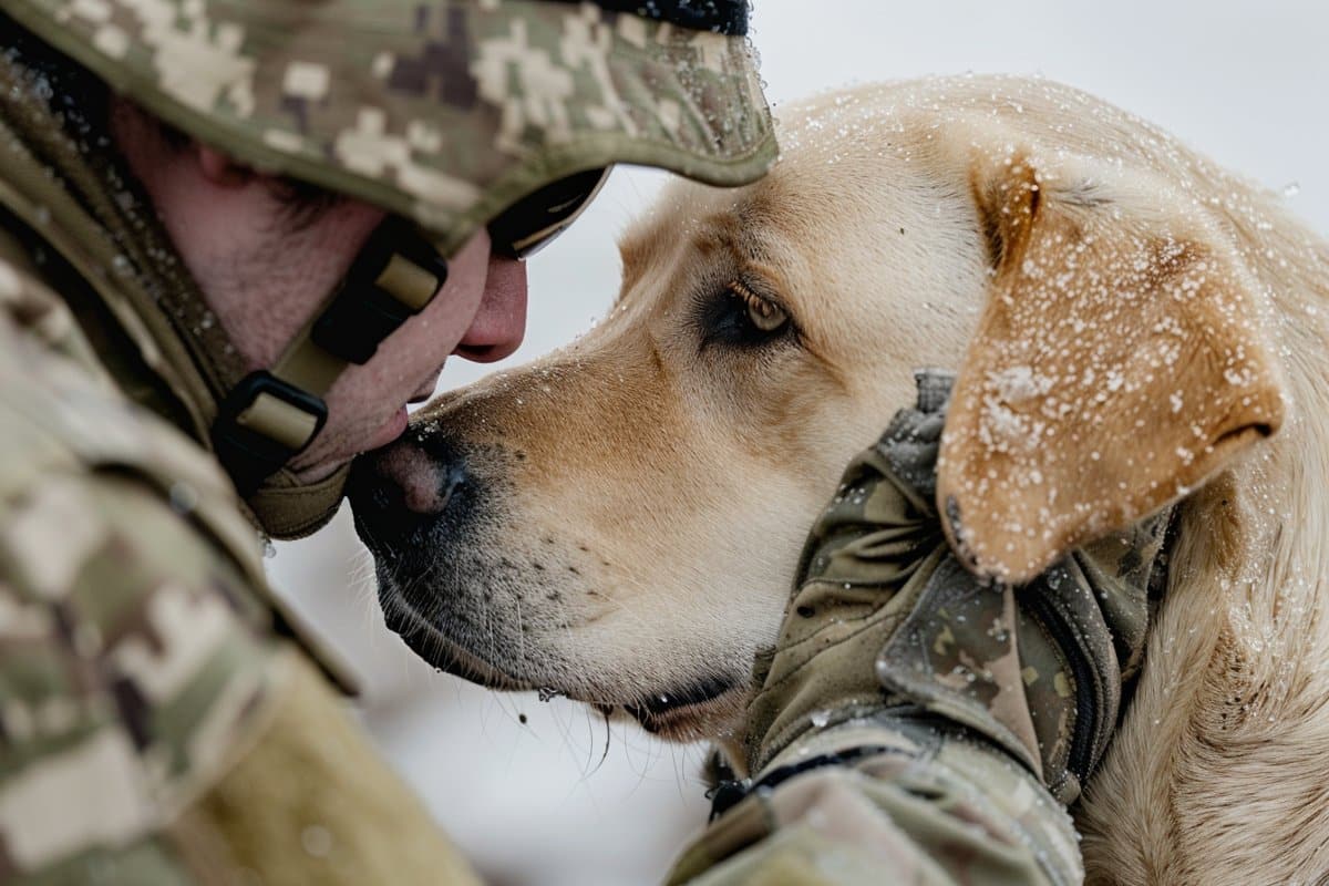 This shows a dog and a soldier.