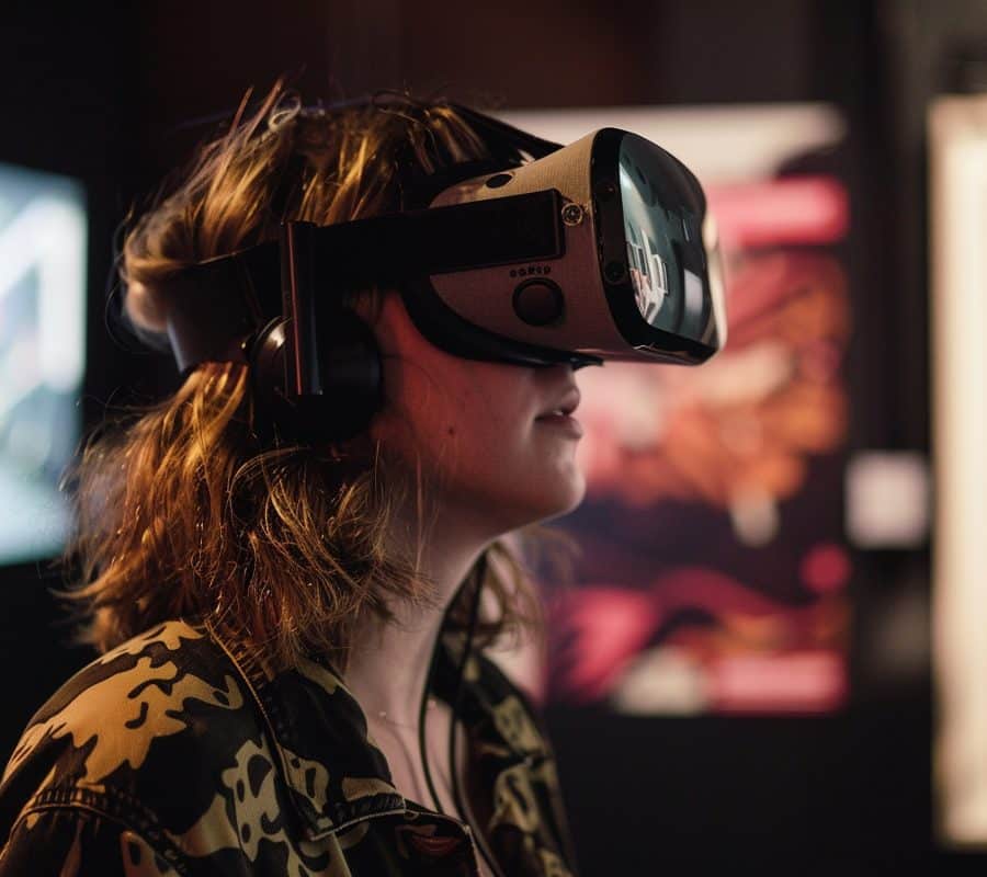 This shows a woman using VR.