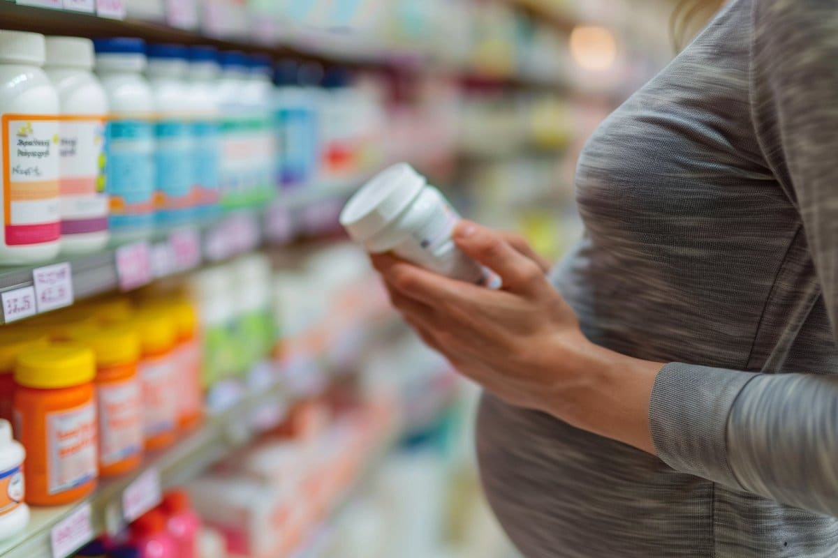 This shows a pregnant woman looking at pills.