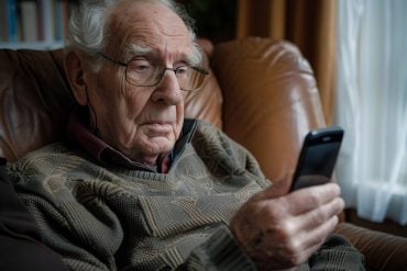 This shows an older man using a cell phone.