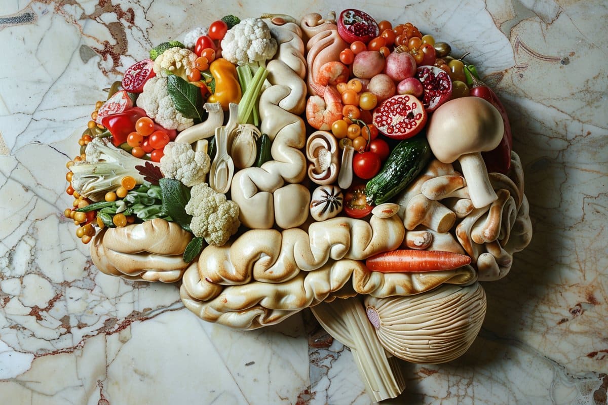This shows a brain made up of food.