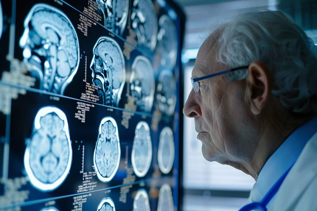 This shows a doctor looking at brain scans.