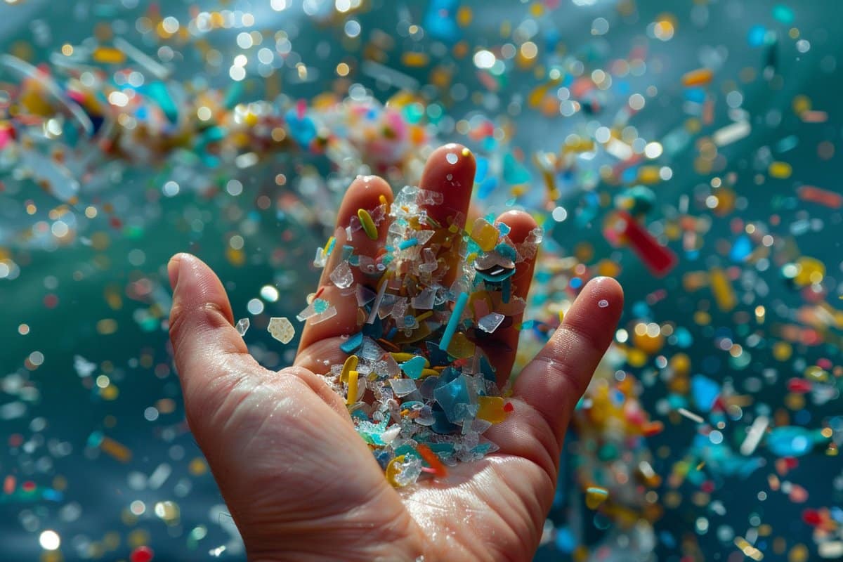 This shows a hand covered in plastic beads.