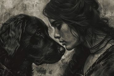 This shows a woman and a dog.