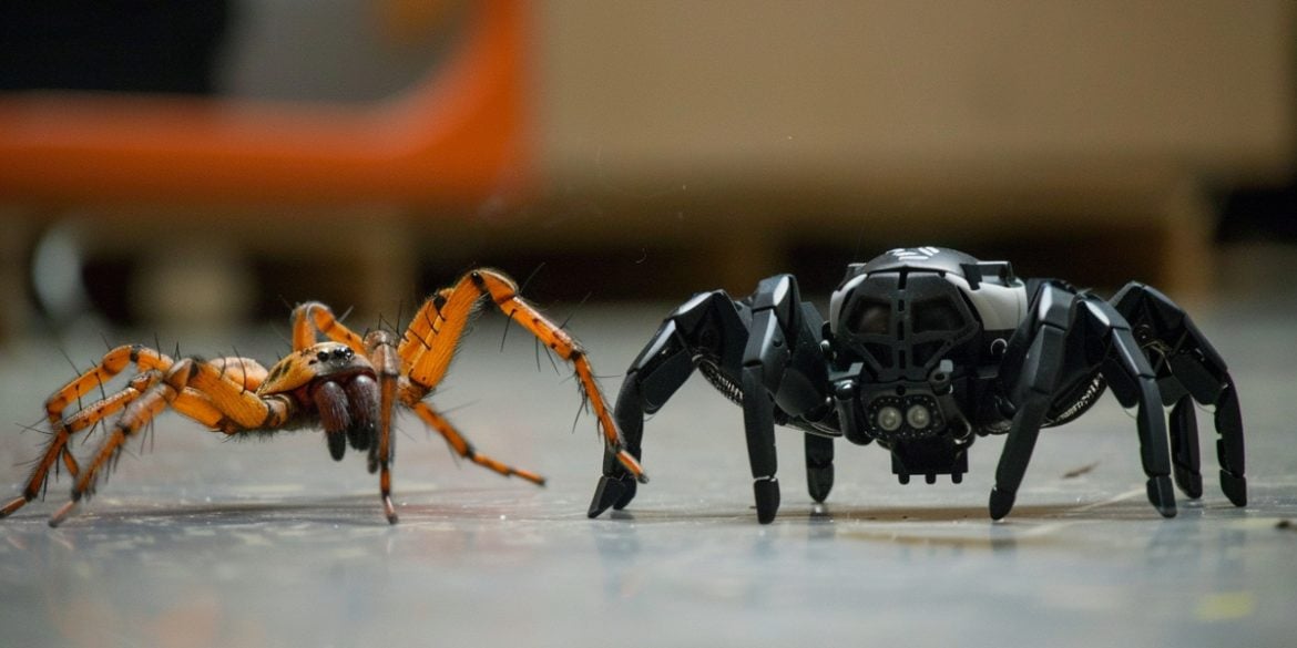 This shows a robotic spider and a real spider.
