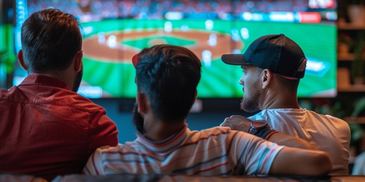 This shows people watching baseball on TV.