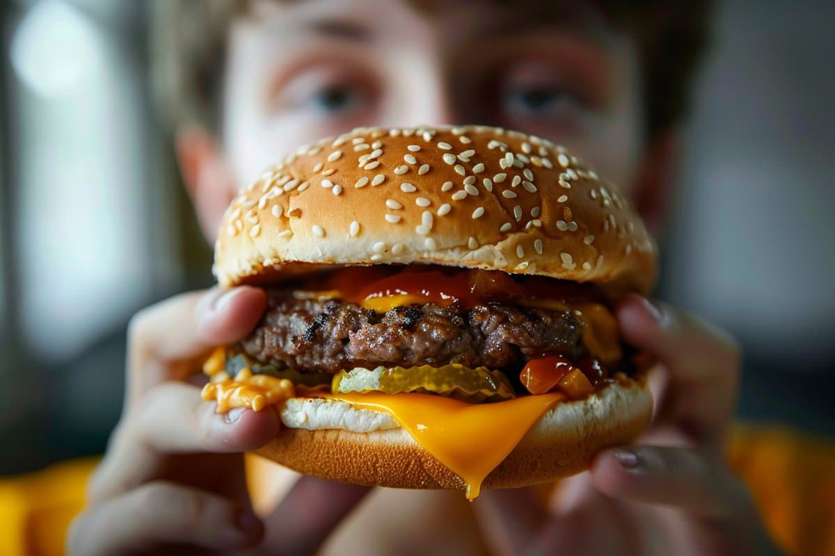 This shows a teen boy holding a burger.