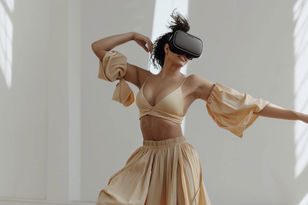 This shows a woman in a VR headset dancing.