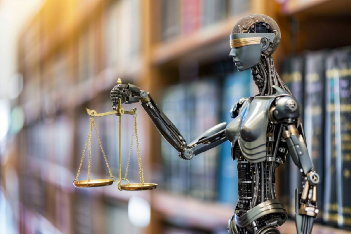 This shows a robot holding the scales of justice.