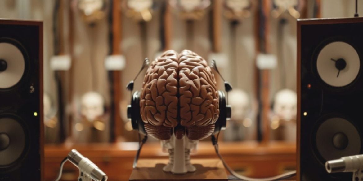 This shows a brain model wearing headphones.