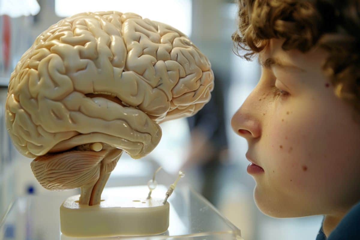 This shows a child looking at a brain.