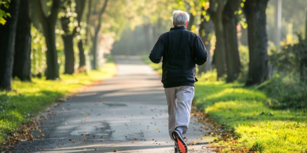 This shows an older man jogging.