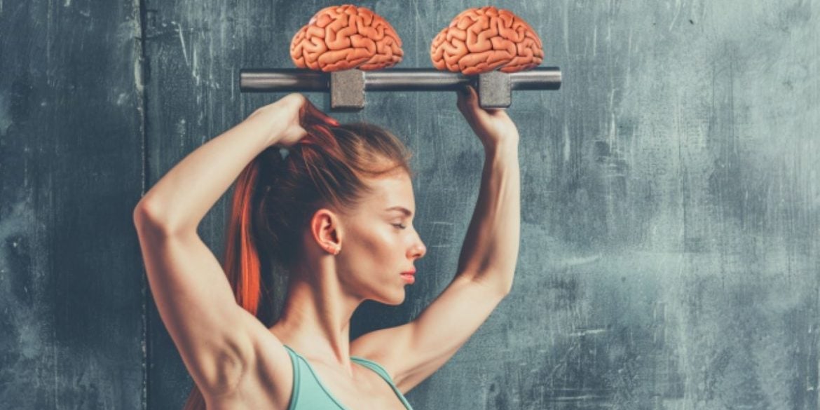 This shows a woman lifting two brains as weights.