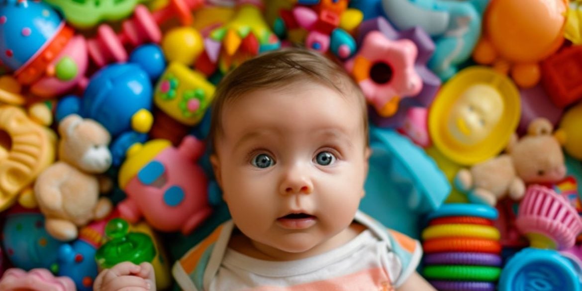 This shows a baby surrounded by colorful toys.