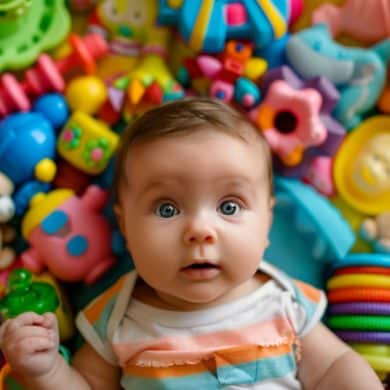 This shows a baby surrounded by colorful toys.