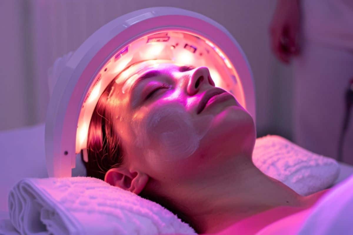 This shows a woman undergoing light therapy.