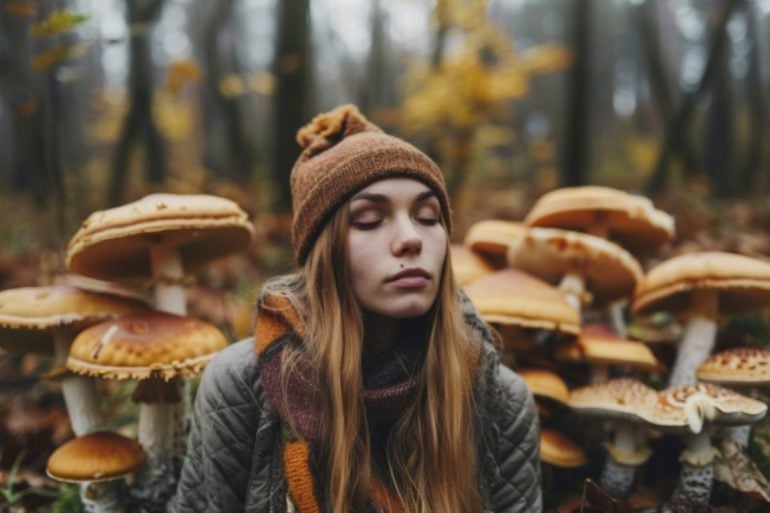 This shows a woman and mushrooms.