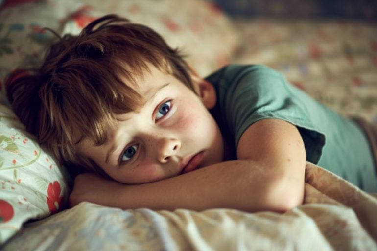 This shows a child awake in bed.
