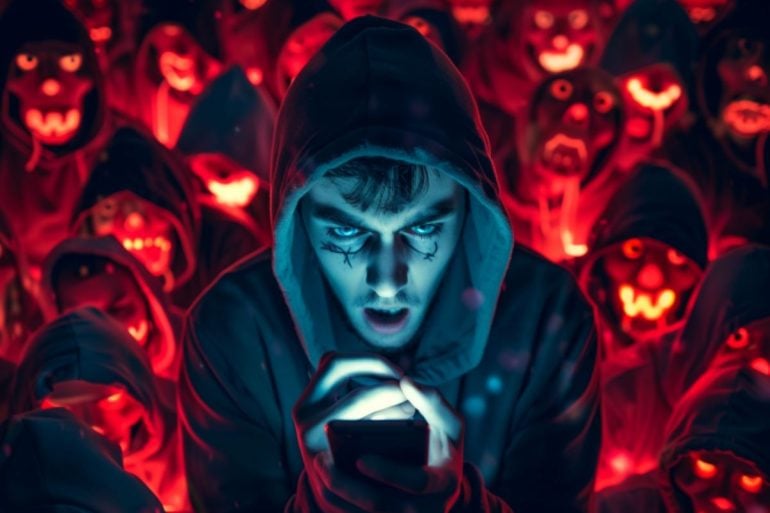 This shows a man surrounded by shadowy figures.