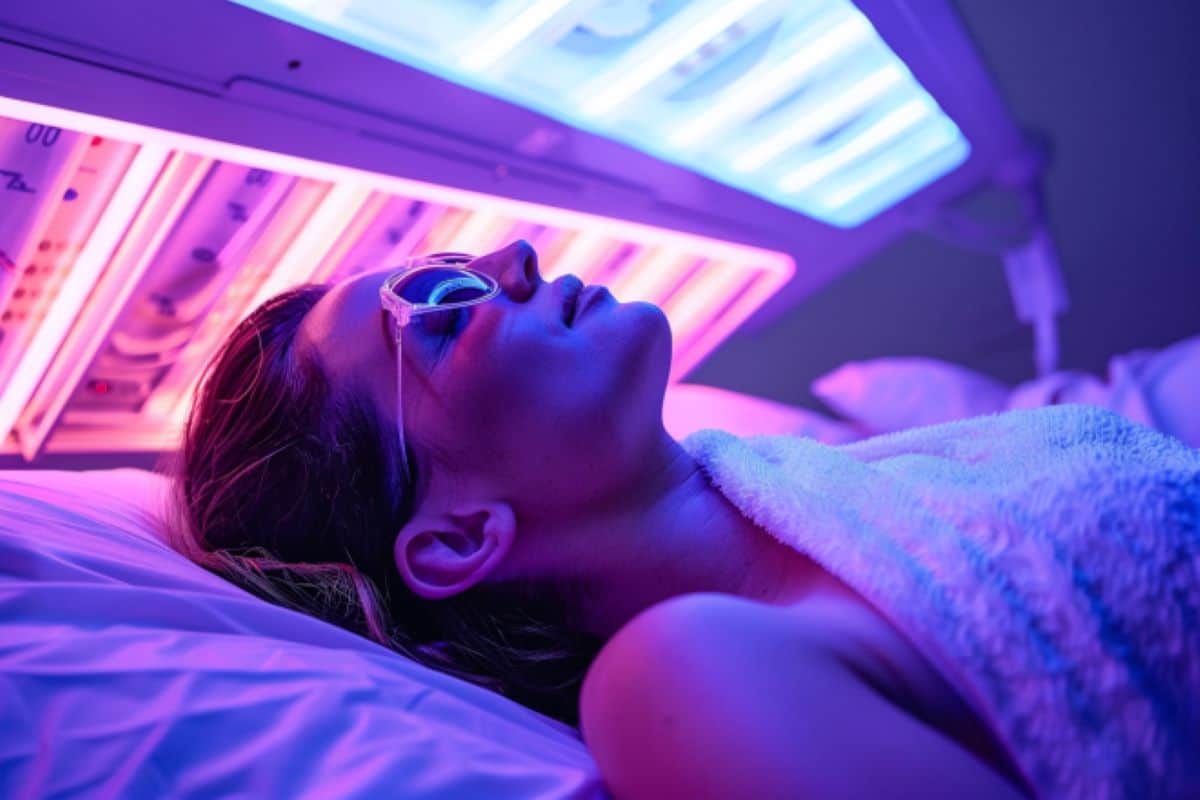 This shows a woman under a UV light.