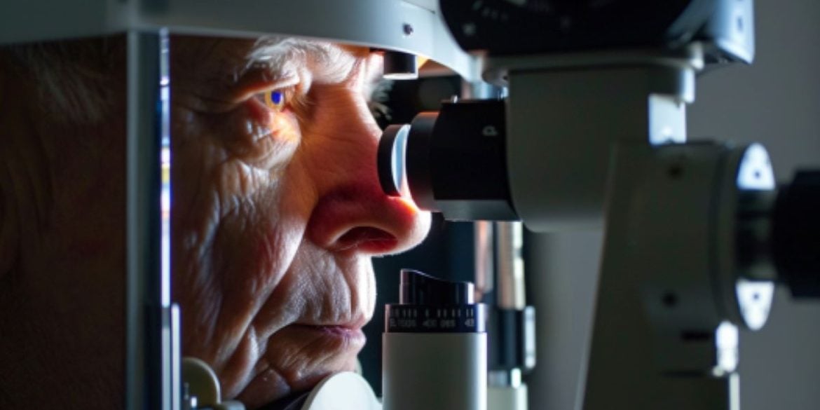 This shows an older man undergoing an eye exam.