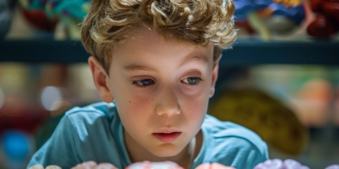 This shows a child looking at models of the brain.