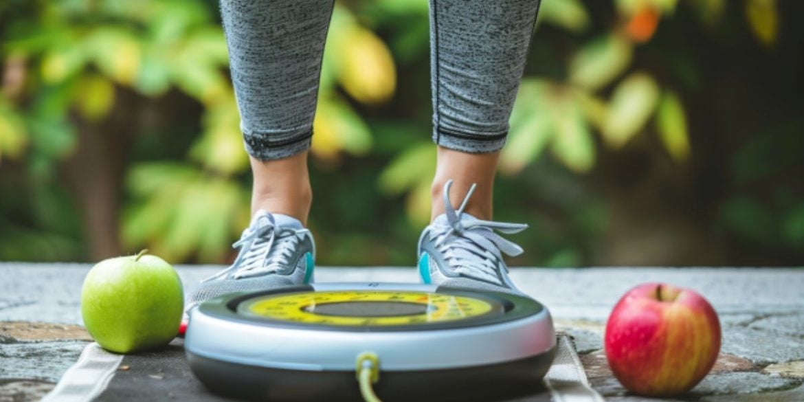 This shows a woman in workout clothing and a scale.