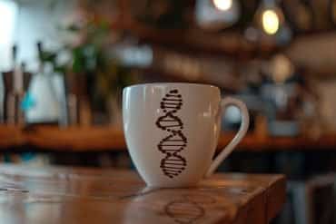 This shows a coffee cup with a picture of DNA on it.