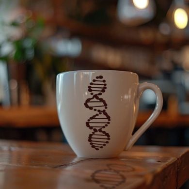 This shows a coffee cup with a picture of DNA on it.